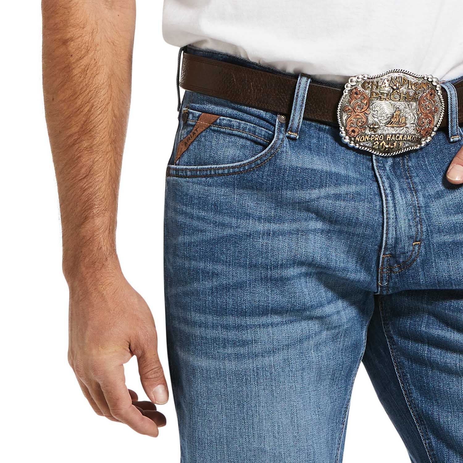 "Ariat Men's M2 Relaxed Stretch Legacy Boot Cut Jean - Front Close Up"
